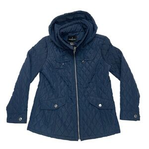 London Fog Jacket Women's Size Large Navy Blue Quilted Hooded Puffer Full Zip